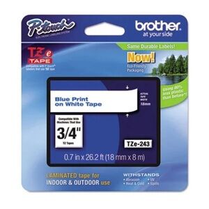 Brother P-touch TZe-243 Laminated Label Maker Tape, 3/4"x26-2/10', Blue On White